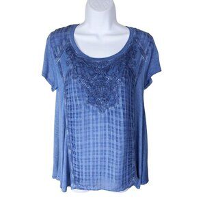One World Women's Blue Top short sleeve Embroidered detail on front size S(NWT)
